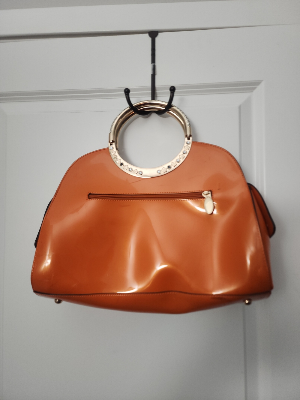 5/$30 Orange Patent Top-Handle Bag with Gold Ring Handles